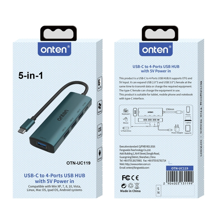 Onten UC119 5 in 1 USB-C / Type-C to USB 4-Ports USB HUB with 5V Input by Onten