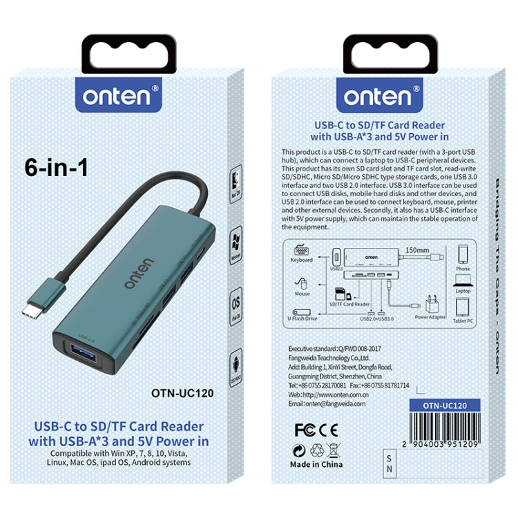 Onten UC120 6 in 1 USB-C to SD / TF Card Reader with 3-Ports USB HUB & 5V Input by Onten