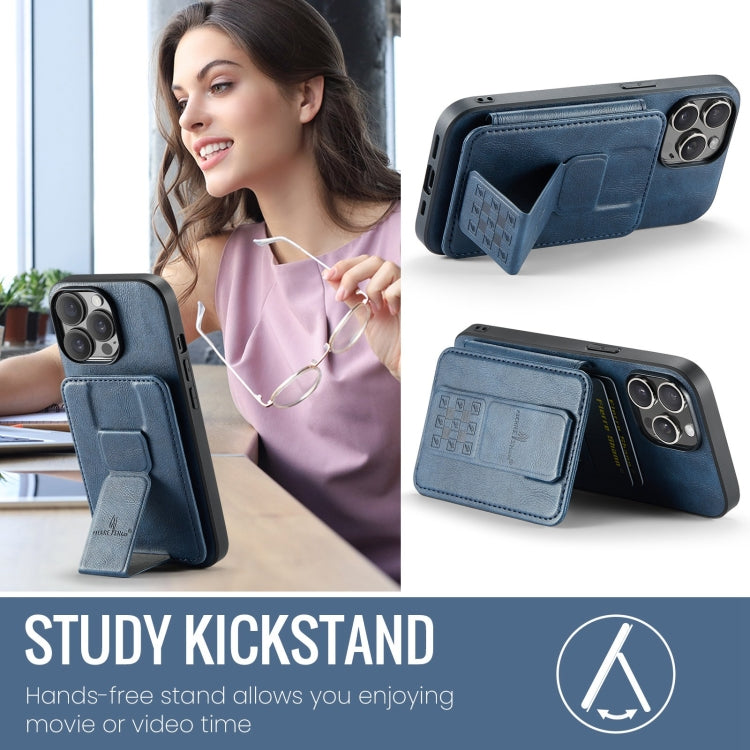 For iPhone 15 Pro Max Fierre Shann Oil Wax Cow Leather Card Holder Back Phone Case(Blue) by FIERRE SHANN