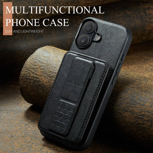 For iPhone 16 Plus Fierre Shann Oil Wax Cow Leather Card Holder Back Phone Case(Black) by FIERRE SHANN