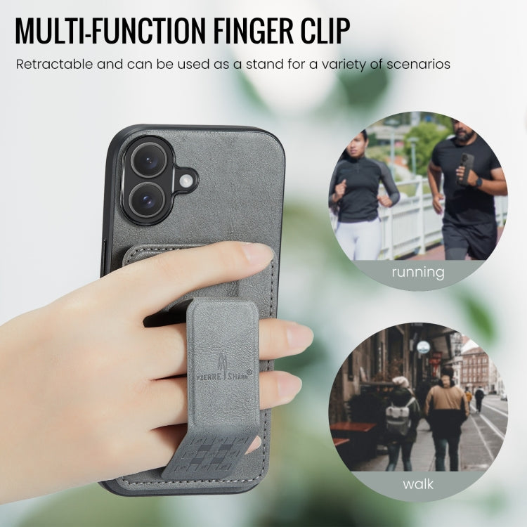 For iPhone 16 Plus Fierre Shann Oil Wax Cow Leather Card Holder Back Phone Case(Grey) by FIERRE SHANN