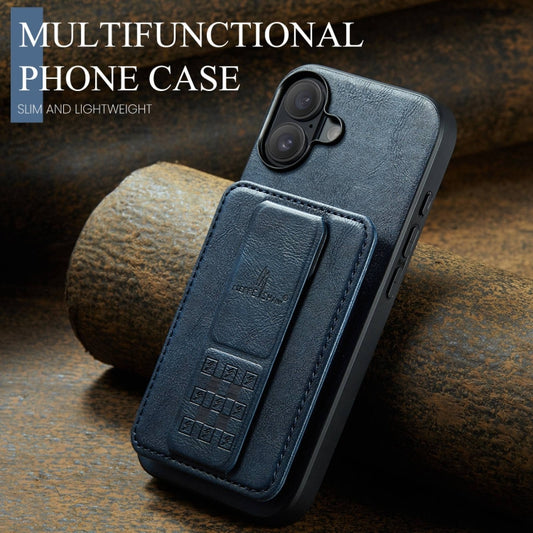 For iPhone 16 Plus Fierre Shann Oil Wax Cow Leather Card Holder Back Phone Case(Blue) by FIERRE SHANN