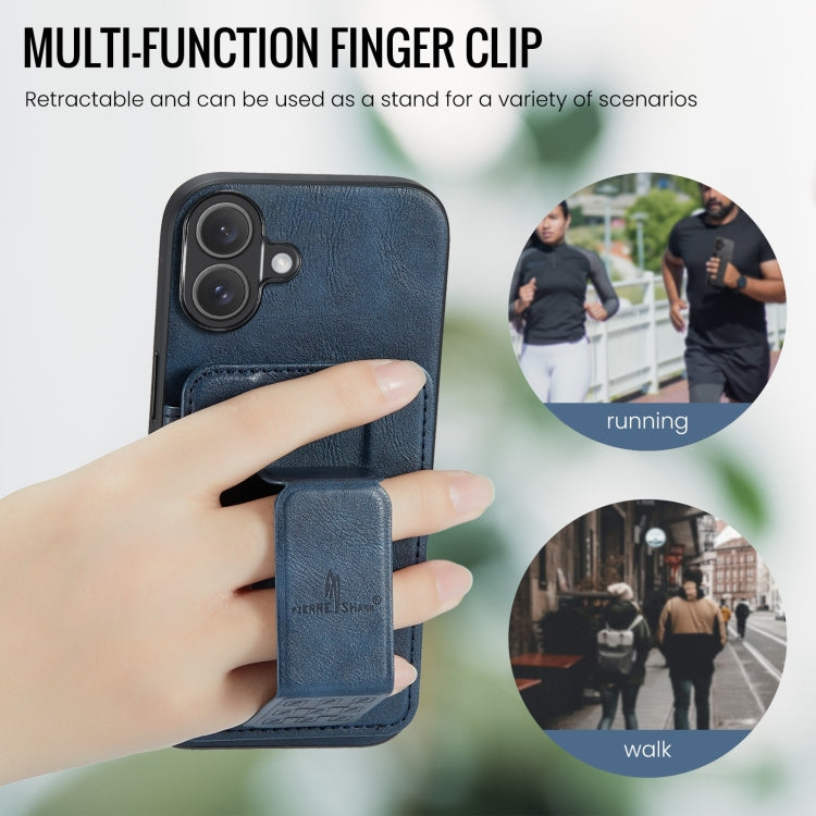 For iPhone 16 Plus Fierre Shann Oil Wax Cow Leather Card Holder Back Phone Case(Blue) by FIERRE SHANN