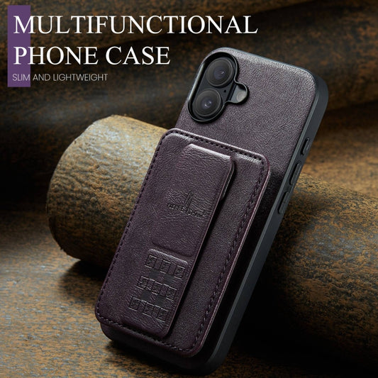 For iPhone 16 Plus Fierre Shann Oil Wax Cow Leather Card Holder Back Phone Case(Purple) by FIERRE SHANN