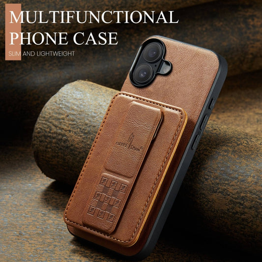 For iPhone 16 Plus Fierre Shann Oil Wax Cow Leather Card Holder Back Phone Case(Brown) by FIERRE SHANN