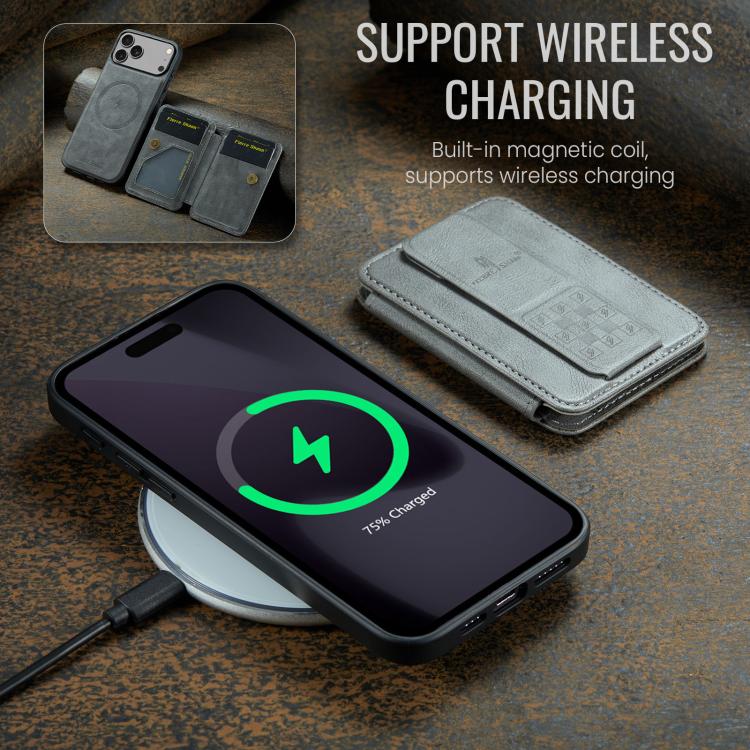 For iPhone 17 Pro Max Fierre Shann Oil Wax Cow Leather Card Holder Back Phone Case(Grey) - iPhone 17 Pro Max Cases by FIERRE SHANN | Online Shopping UK | buy2fix