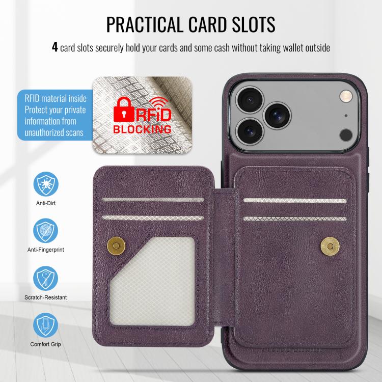 For iPhone 17 Pro Fierre Shann Oil Wax Cow Leather Card Holder Back Phone Case(Purple) - iPhone 17 Pro Cases by FIERRE SHANN | Online Shopping UK | buy2fix