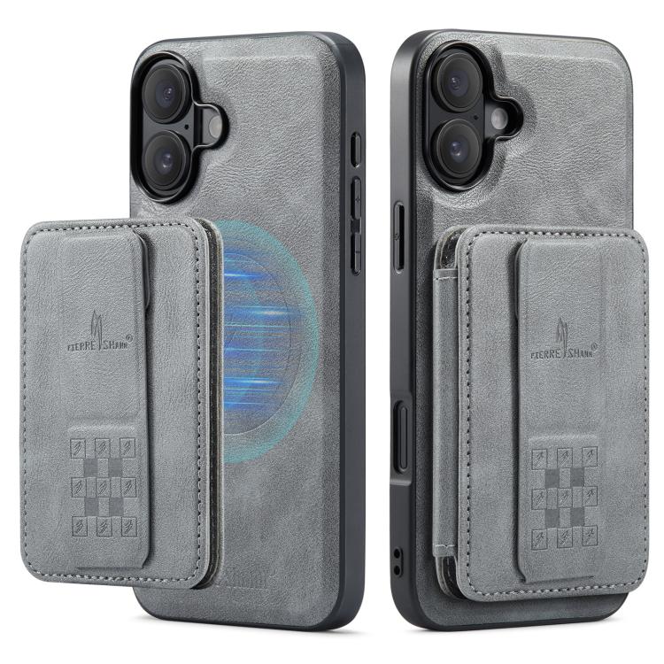 For iPhone 17 Fierre Shann Oil Wax Cow Leather Card Holder Back Phone Case(Grey) - iPhone 17 Cases by FIERRE SHANN | Online Shopping UK | buy2fix