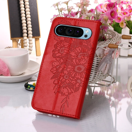 For Google Pixel 9 Embossed Butterfly Leather Phone Case(Red) by buy2fix