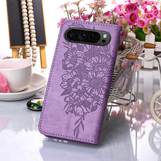 For Google Pixel 9 Pro Embossed Butterfly Leather Phone Case(Purple) by buy2fix
