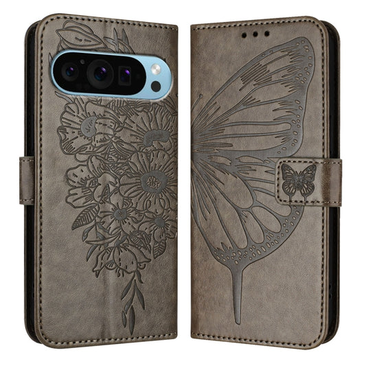For Google Pixel 9 Pro XL Embossed Butterfly Leather Phone Case(Grey) by buy2fix