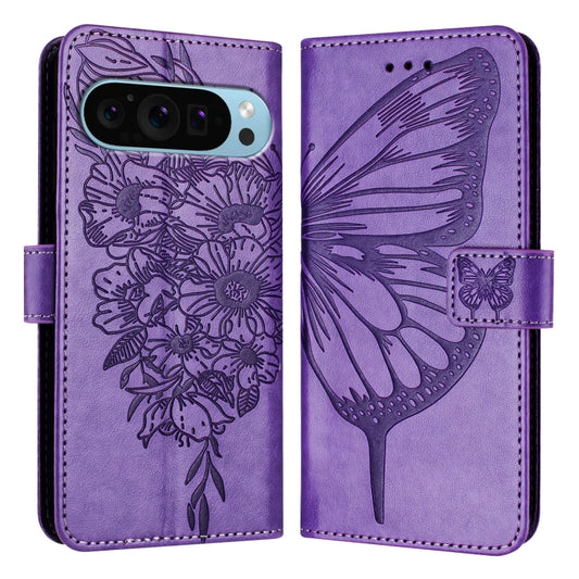 For Google Pixel 9 Pro XL Embossed Butterfly Leather Phone Case(Purple) by buy2fix