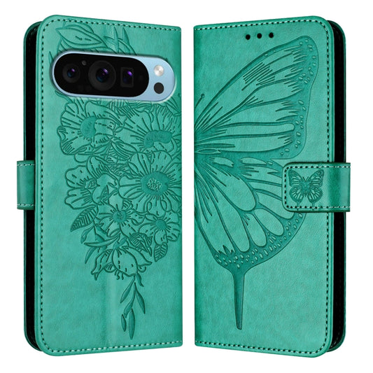 For Google Pixel 9 Pro XL Embossed Butterfly Leather Phone Case(Green) by buy2fix