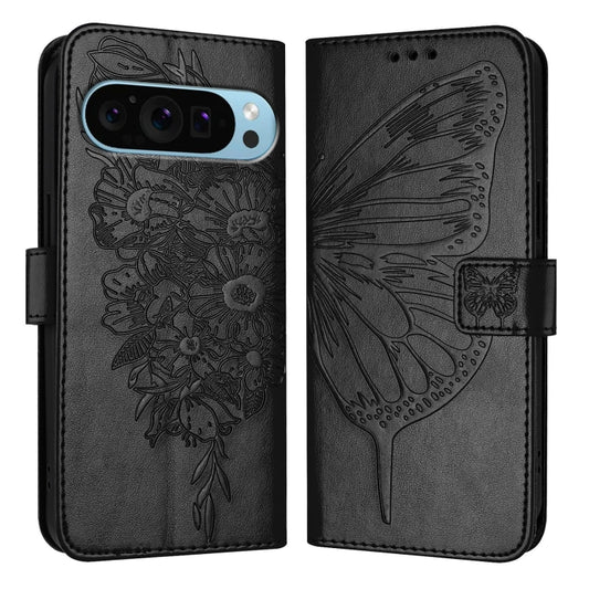 For Google Pixel 9 Pro XL Embossed Butterfly Leather Phone Case(Black) by buy2fix
