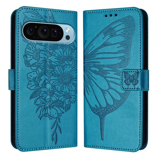 For Google Pixel 9 Pro XL Embossed Butterfly Leather Phone Case(Blue) by buy2fix