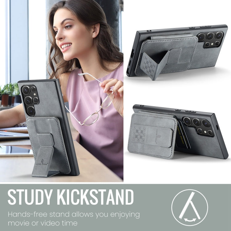 For Samsung Galaxy S24 Ultra 5G Fierre Shann Oil Wax Cow Leather Card Holder Back Phone Case(Grey) by FIERRE SHANN