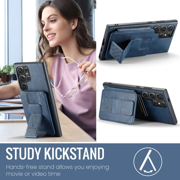 For Samsung Galaxy S22 Ultra 5G Fierre Shann Oil Wax Cow Leather Card Holder Back Phone Case(Blue) by FIERRE SHANN