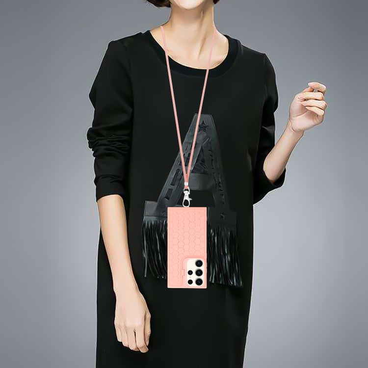 For Samsung Galaxy S23 Ultra 5G Honeycomb Radiating Lens Holder Magsafe Phone Case with Lanyard(Pink) by buy2fix