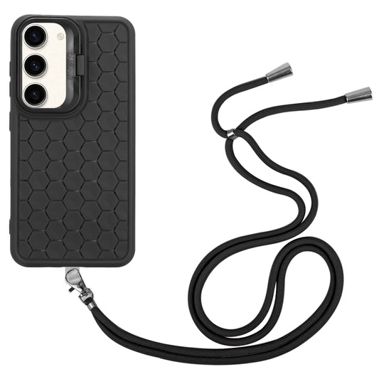 For Samsung Galaxy S23 5G Honeycomb Radiating Lens Holder Magsafe Phone Case with Lanyard(Black) by buy2fix