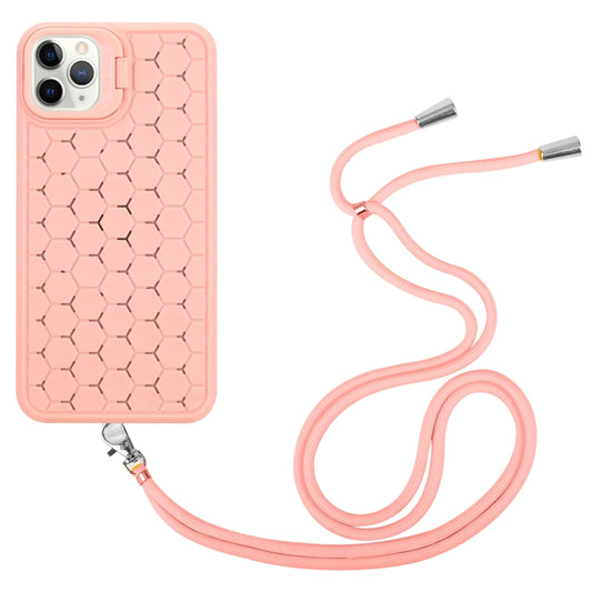 For iPhone 15 Pro Honeycomb Radiating Lens Holder Magsafe Phone Case with Lanyard(Pink) by buy2fix
