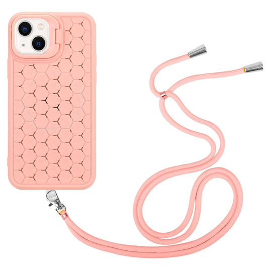For iPhone 15 Plus Honeycomb Radiating Lens Holder Magsafe Phone Case with Lanyard(Pink) by buy2fix