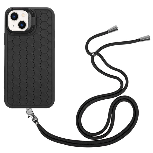 For iPhone 15 Honeycomb Radiating Lens Holder Magsafe Phone Case with Lanyard(Black) by buy2fix