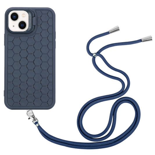 For iPhone 15 Honeycomb Radiating Lens Holder Magsafe Phone Case with Lanyard(Blue) by buy2fix