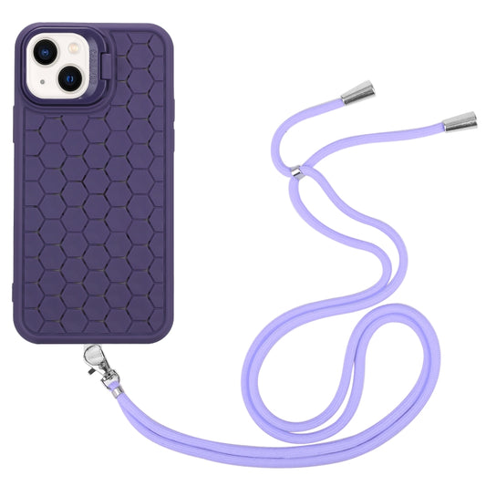 For iPhone 15 Honeycomb Radiating Lens Holder Magsafe Phone Case with Lanyard(Purple) by buy2fix