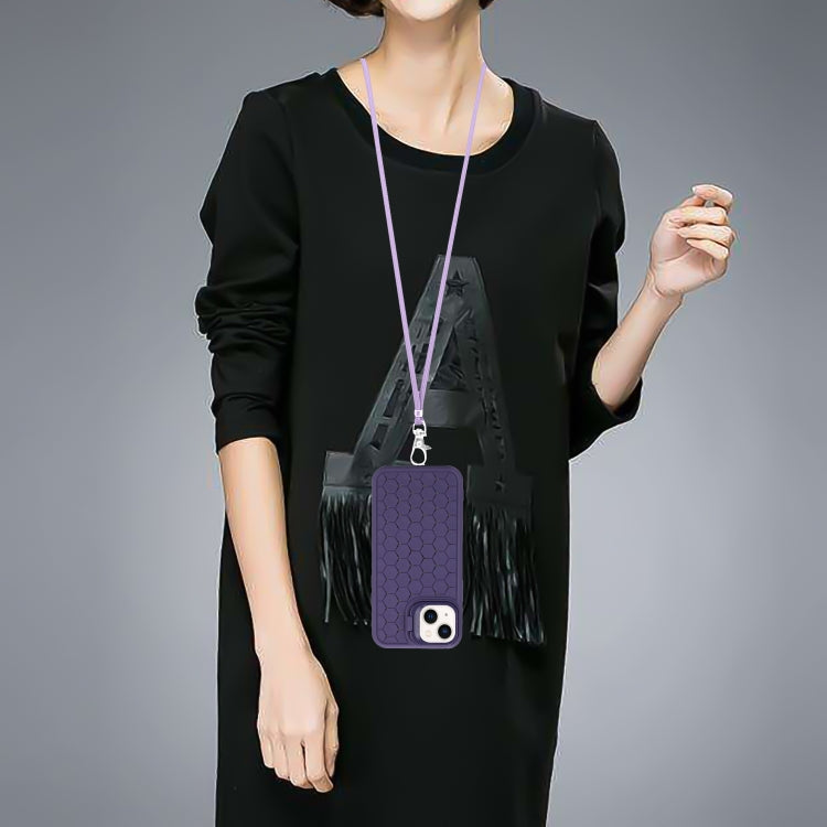 For iPhone 14 Honeycomb Radiating Lens Holder Magsafe Phone Case with Lanyard(Purple) by buy2fix