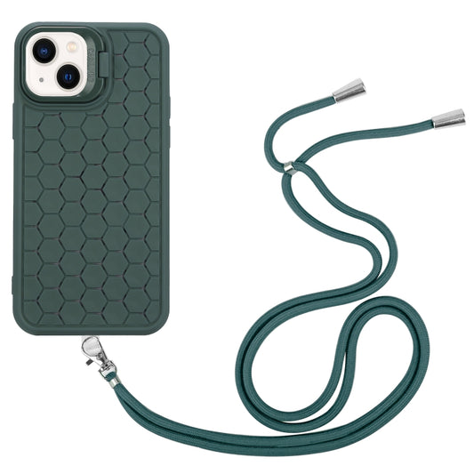 For iPhone 14 Plus Honeycomb Radiating Lens Holder Magsafe Phone Case with Lanyard(Green) by buy2fix