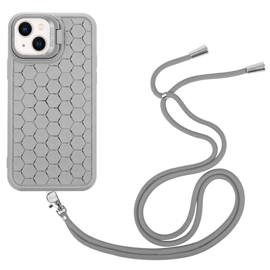 For iPhone 13 Honeycomb Radiating Lens Holder Magsafe Phone Case with Lanyard(Grey) by buy2fix