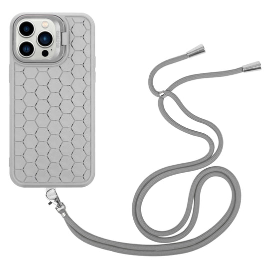 For iPhone 12 Pro Max Honeycomb Radiating Lens Holder Magsafe Phone Case with Lanyard(Grey) by buy2fix