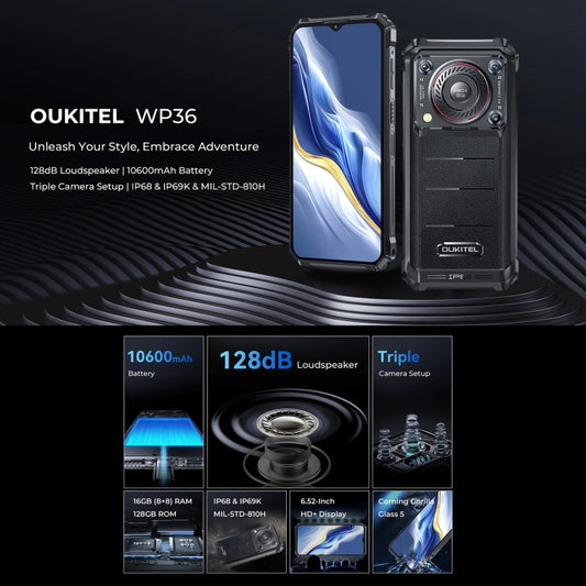 Oukitel WP36, 8GB+128GB, IP68/IP69K, Fingerprint Identification, 10600mAh, 6.52 inch MediaTek MT8788 Octa Core, NFC, OTG, Network: 4G(Black) by OUKITEL