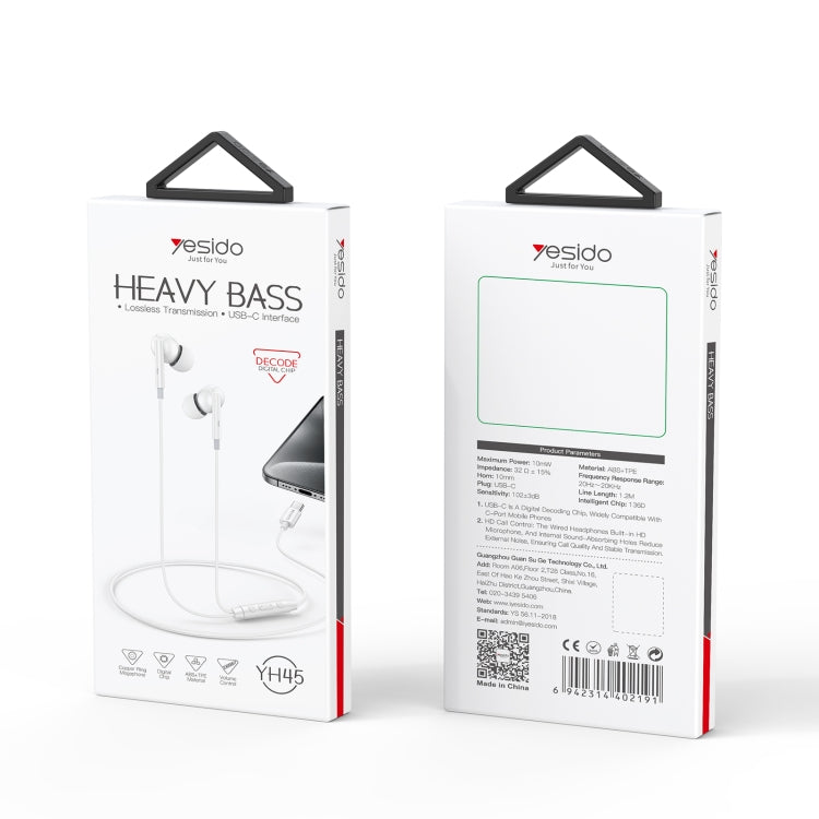 Yesido YH45 Digital Chip USB-C/Type-C Wired Earphone with Microphone(White) by Yesido