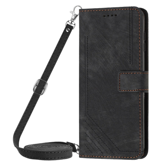 For OnePlus 12 Skin Feel Stripe Pattern Leather Phone Case with Lanyard(Black) by buy2fix