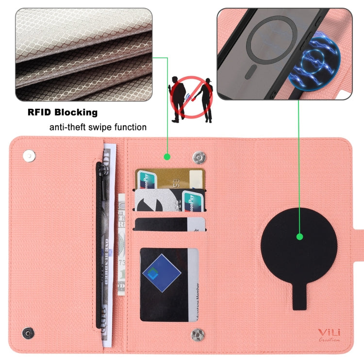 For Google Pixel 8 Pro ViLi GHB Series MagSafe Magnetic Zipper Leather Phone Case(Pink) by ViLi