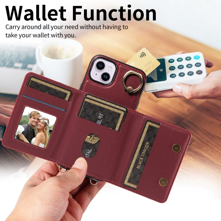 For iPhone 14 Plus Crossbodys Card Bag Ring Holder Leather Phone Case(Red) - iPhone 14 Plus Cases by buy2fix | Online Shopping UK | buy2fix