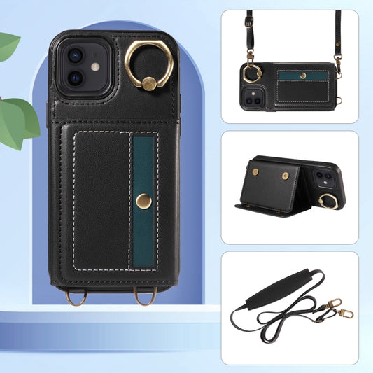 For iPhone 12 / 12 Pro Crossbodys Card Bag Ring Holder Leather Phone Case(Black) - iPhone 12 / 12 Pro Cases by buy2fix | Online Shopping UK | buy2fix