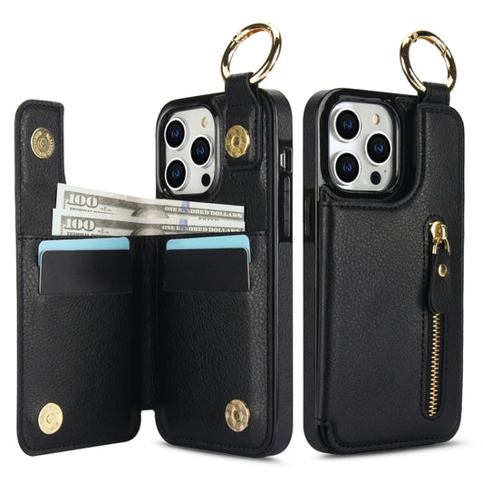For iPhone 15 Pro Max Litchi Texture Zipper Double Buckle Card Bag Phone Case(Black) - iPhone 15 Pro Max Cases by buy2fix | Online Shopping UK | buy2fix
