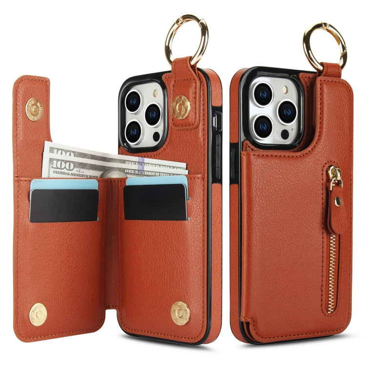 For iPhone 15 Pro Litchi Texture Zipper Double Buckle Card Bag Phone Case(Brown) - iPhone 15 Pro Cases by buy2fix | Online Shopping UK | buy2fix