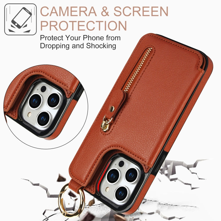 For iPhone 15 Pro Litchi Texture Zipper Double Buckle Card Bag Phone Case(Brown) - iPhone 15 Pro Cases by buy2fix | Online Shopping UK | buy2fix