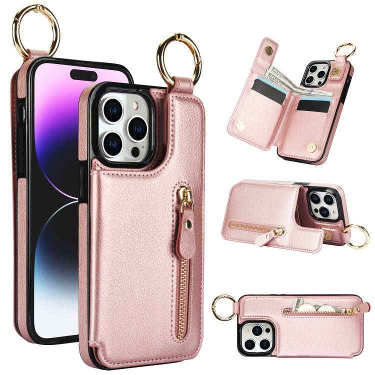 For iPhone 15 Pro Litchi Texture Zipper Double Buckle Card Bag Phone Case(Rose Gold) - iPhone 15 Pro Cases by buy2fix | Online Shopping UK | buy2fix