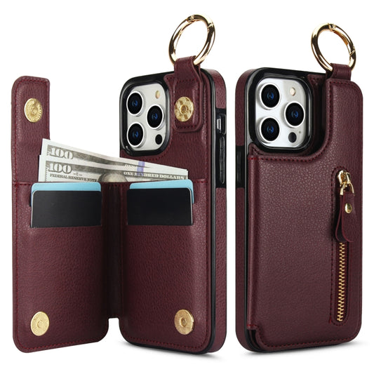 For iPhone 15 Pro Litchi Texture Zipper Double Buckle Card Bag Phone Case(Maroon Red) - iPhone 15 Pro Cases by buy2fix | Online Shopping UK | buy2fix