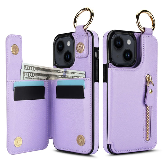 For iPhone 14 Plus Litchi Texture Zipper Double Buckle Card Bag Phone Case(Purple) - iPhone 14 Plus Cases by buy2fix | Online Shopping UK | buy2fix