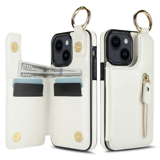 For iPhone 14 Plus Litchi Texture Zipper Double Buckle Card Bag Phone Case(White) - iPhone 14 Plus Cases by buy2fix | Online Shopping UK | buy2fix