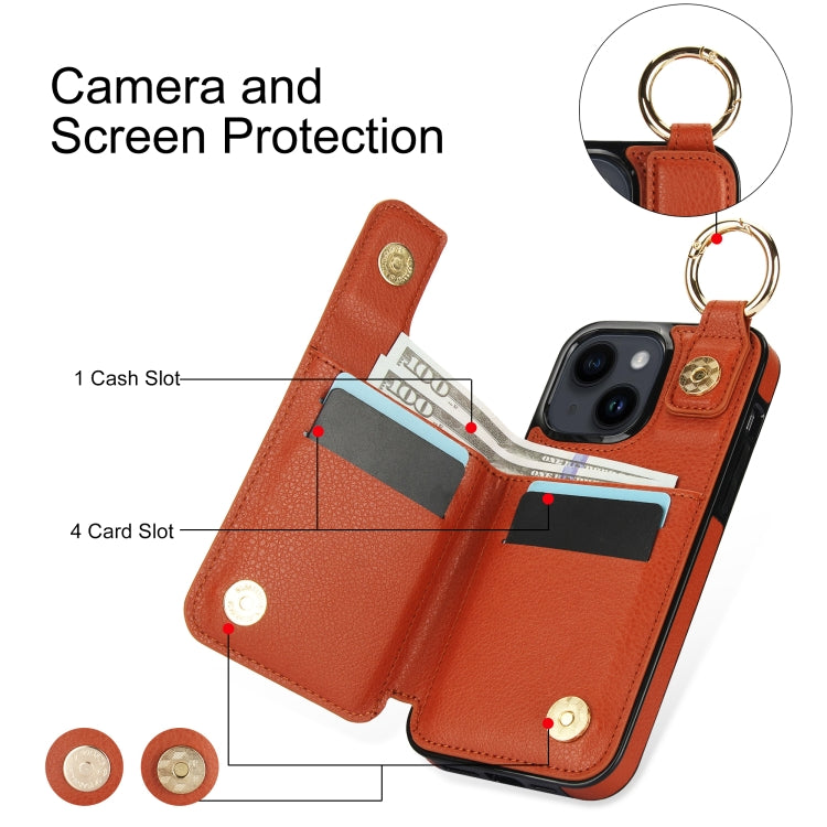 For iPhone 14 Litchi Texture Zipper Double Buckle Card Bag Phone Case(Brown) - iPhone 14 Cases by buy2fix | Online Shopping UK | buy2fix