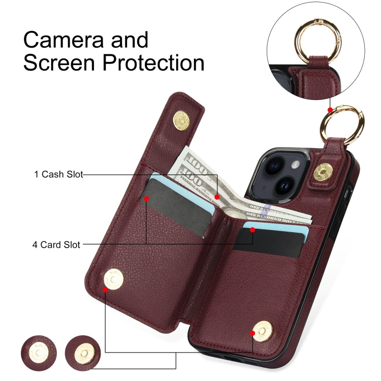 For iPhone 14 Litchi Texture Zipper Double Buckle Card Bag Phone Case(Maroon Red) - iPhone 14 Cases by buy2fix | Online Shopping UK | buy2fix
