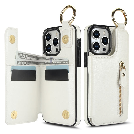 For iPhone 14 Pro Litchi Texture Zipper Double Buckle Card Bag Phone Case(White) - iPhone 14 Pro Cases by buy2fix | Online Shopping UK | buy2fix