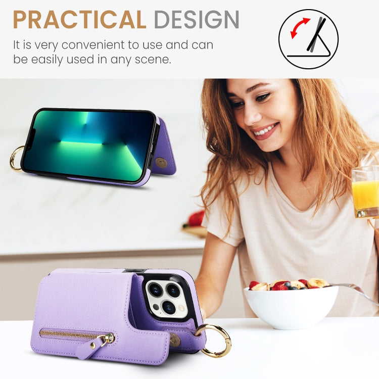 For iPhone 13 Pro Max Litchi Texture Zipper Double Buckle Card Bag Phone Case(Purple) - iPhone 13 Pro Max Cases by buy2fix | Online Shopping UK | buy2fix