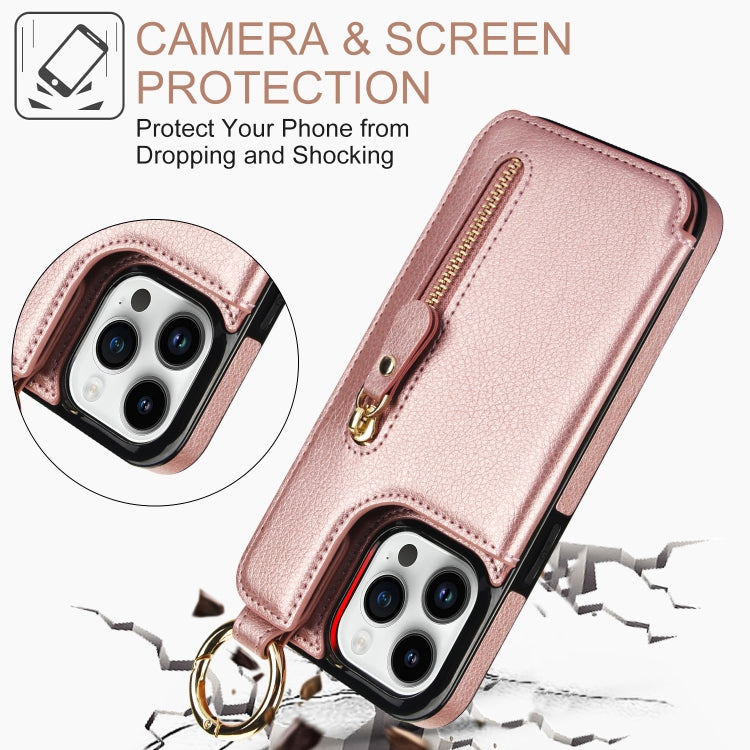 For iPhone 13 Pro Max Litchi Texture Zipper Double Buckle Card Bag Phone Case(Rose Gold) - iPhone 13 Pro Max Cases by buy2fix | Online Shopping UK | buy2fix